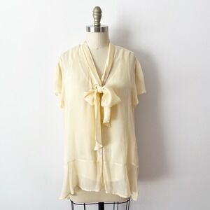April Cornell Blouse Cream Sheer Bow Petal Sleeve Short Sleeve Top S